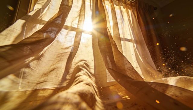Golden morning light streaming through sheer curtains revealing floating dust motes