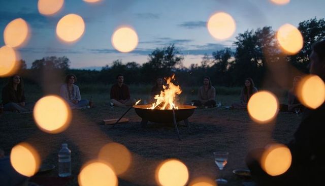 Twilight bonfire gathering around fire bowl with friends wearing sweaters and bokeh light orbs
