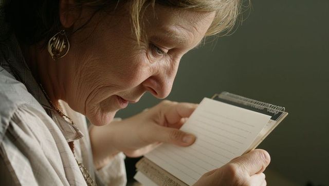 Senior woman reading spiral notepad, turning pages and reflecting, closeup portrait