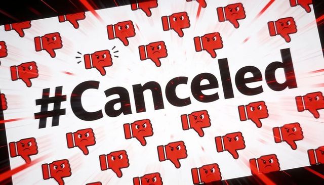 Displaying #canceled hashtag with angry thumbs-down icons and red streaks for backlash