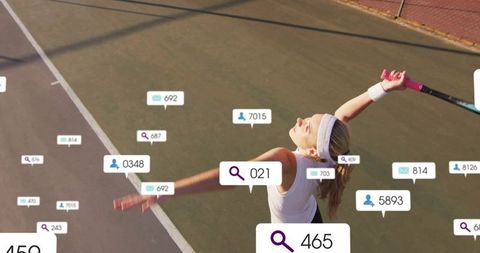 Tennis player serving with digital icons surrounded