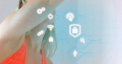 Woman stretching neck in bright orange top with futuristic fitness hud icons and grid