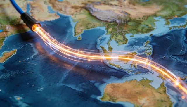 Tracing undersea fiber optic cable across southeast asia with glowing orange data trails