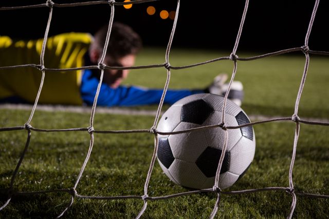 Close-up of soccer ball in goal post against goalkeeper lying on field