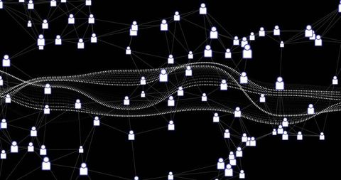 Routing digital connections through glowing node network with flowing dotted data band