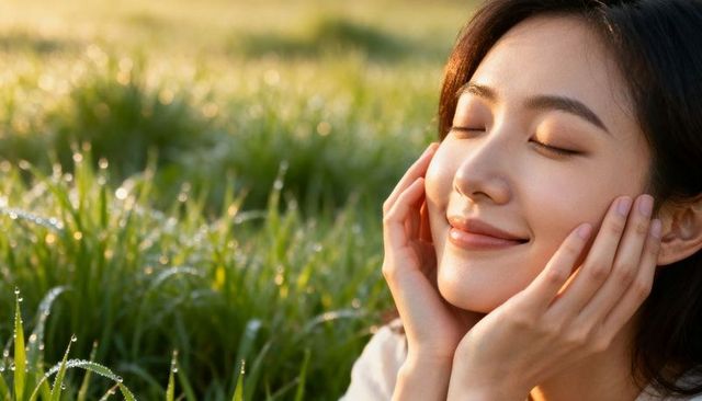 Smiling asian woman resting with eyes closed, cupping face in dew-covered sunrise meadow