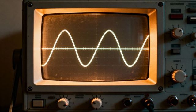 Vintage bench oscilloscope displaying glowing sine wave on crt with knobs, graticule
