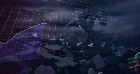 Dramatic market volatility concept with broken currency symbols, tickers and rising chart