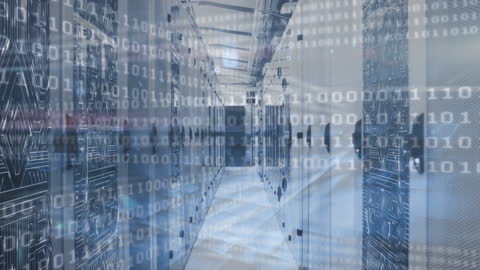 Binary Code Overlapped on Futuristic Server Room