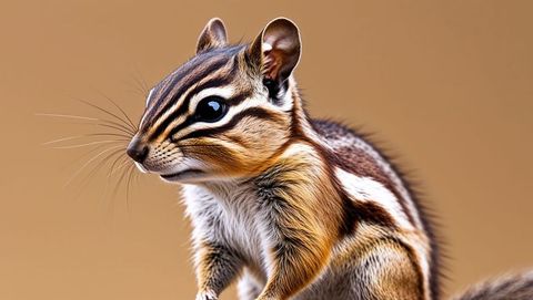 Close-up of perched chipmunk with detailed whiskers