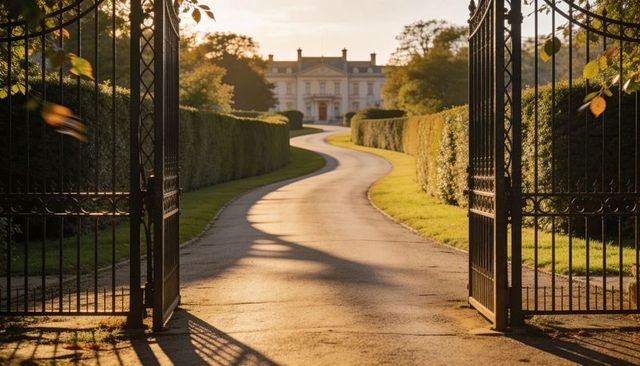 Opening wrought-iron gates leading to winding driveway to neoclassical mansion at golden hour