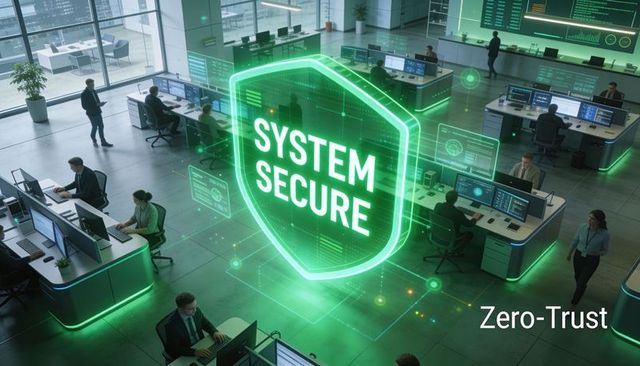 Holographic shield declaring system secure over modern security operations center zero-trust