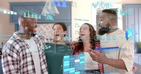 Diverse friends using augmented reality financial dashboards in kitchen, celebrating gains