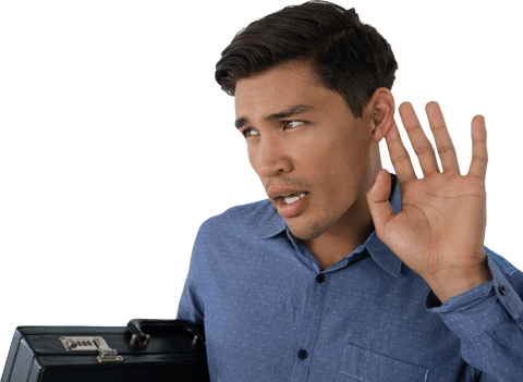 transparent young businessman cupping ear in blue shirt - Download Free Stock Videos Pikwizard.com