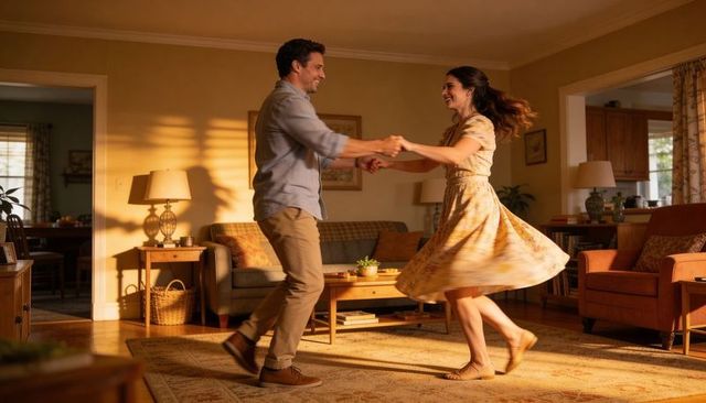 Sunlit couple dancing and spinning in cozy living room | romantic home dance moment