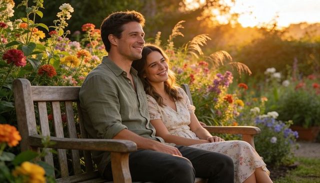 Young couple relaxing on wooden bench at golden hour surrounded by vibrant garden flowers