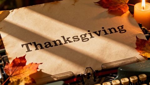 Vintage typewriter typing thanksgiving on aged paper with autumn leaves and candlelight