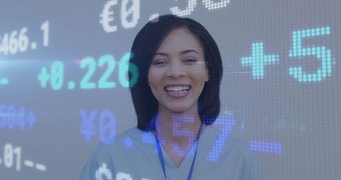 Smiling doctor with digital economic data interface