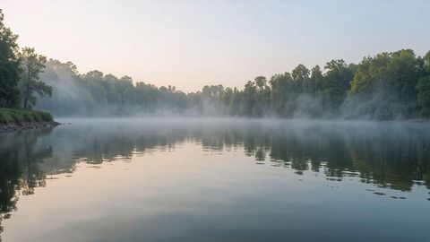 Misty sunrise over serene lake with tree reflections