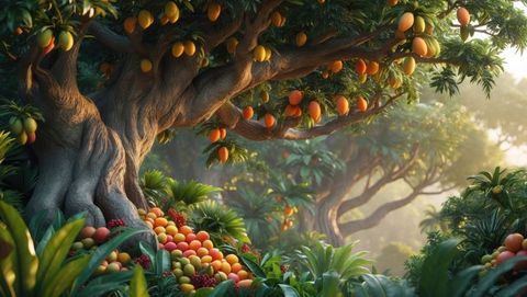Ancient mango tree in tropical orchard at dawn with ripe fruits, garden of eden concept