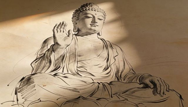 Seated buddha sketch on warm paper with sunlight, halo and expressive ink linework
