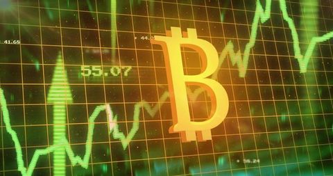 Golden bitcoin symbol overlaid on rising green market chart with futuristic neon grid