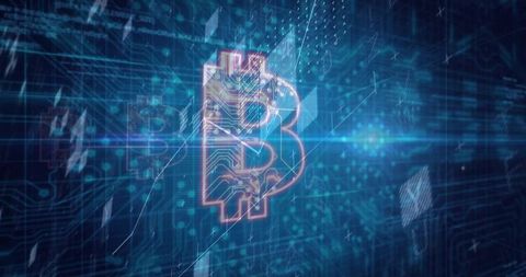 Neon Bitcoin Hologram Floating in Cyber Grid with Circuit Traces and Futuristic Data