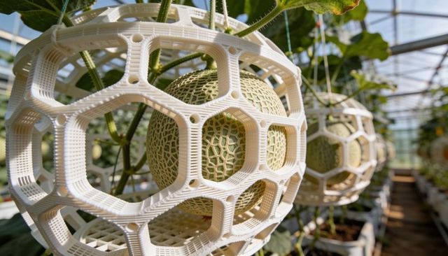 Cantaloupe melon hanging in 3d-printed hexagonal support cage in greenhouse