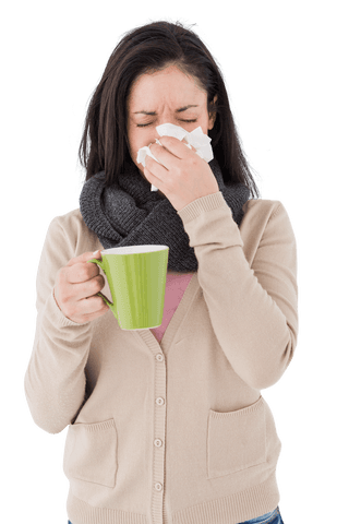 transparent sick woman blowing nose with green mug in hand - Download Free Stock Videos Pikwizard.com