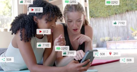 diverse friends engaging on smartphone with social media icons - Download Free Stock Images Pikwizard.com