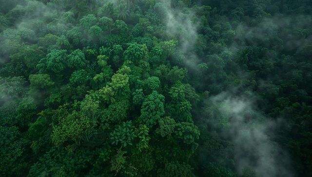 Misty tropical rainforest canopy from above with lush green foliage