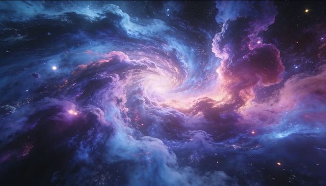 Swirling spiral nebula emitting luminous core glow and interstellar gas clouds