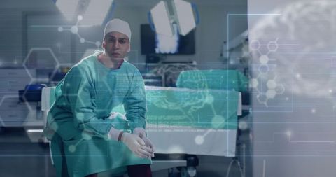 Caucasian Surgeon with Digital Medical Interface in Hospital Room