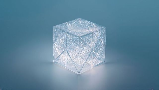 Glowing crystal cube revealing intricate faceted lattice with micro led sparkle