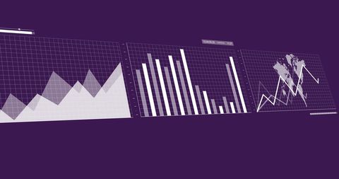 Dynamic illustration featuring graphs and charts on a purple background, representing business analytics and data visualization. Perfect for use in presentations, reports, or articles on global finance, data analysis, technology, and business performance. Highlights importance of data processing in global connections and financial insights.