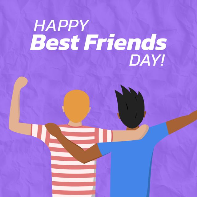 Happy best friends day text with rear view of diverse male friends embracing on purple background. Celebration and appreciation of friendship campaign.