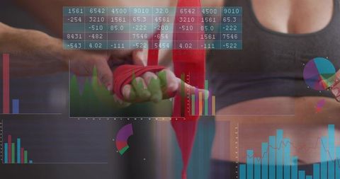 Trainer wrapping red resistance band on woman's wrist with fitness data overlays