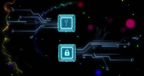 Neon lock and key chip tokens tracing circuit paths on dark cybersecurity network