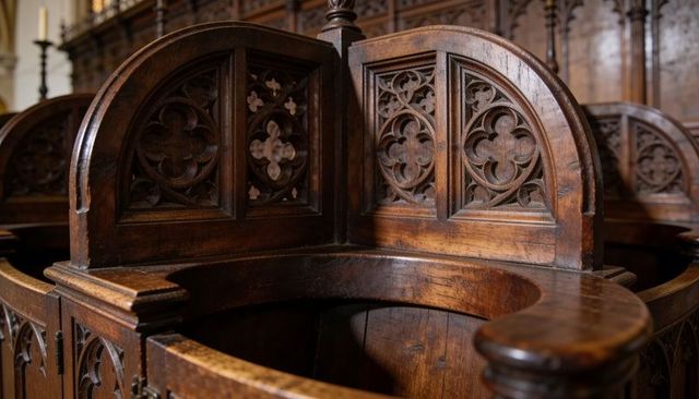 Antique gothic choir stall featuring carved quatrefoil tracery and polished wood handrest