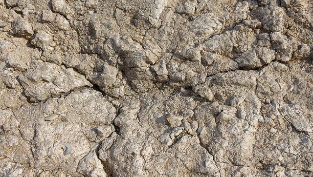 Weathered bedrock texture with cracks, pebbles and calcite veins for natural backgrounds