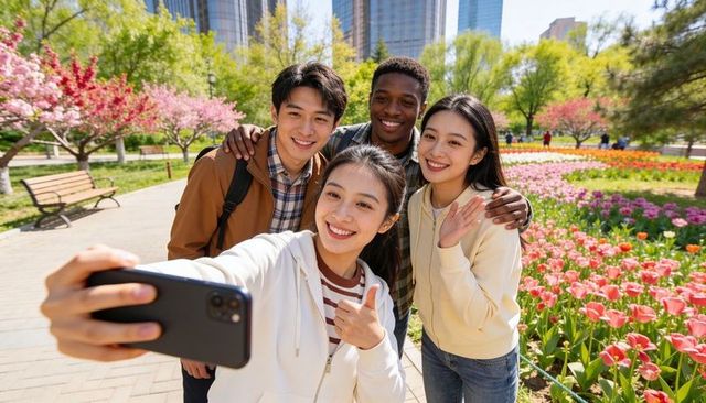 Friends taking selfie in urban park with tulip beds and city skyline, springtime smiles