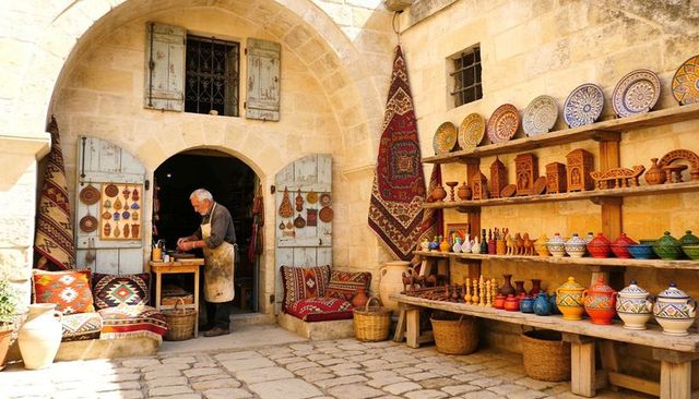 Senior artisan shaping pottery in sunlit stone courtyard with colorful rugs and ceramics