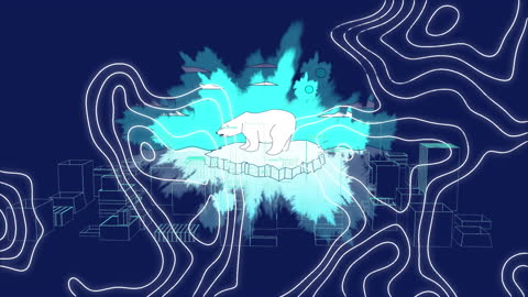 Dynamic Animation of Polar Bear on Melting Glacier Among Cityscape