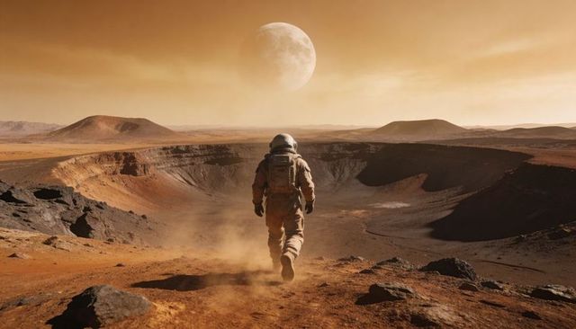 Astronaut walking across red martian plain toward vast crater under pale moon