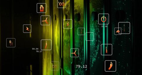 Eco icons interfacing data flow over computer servers