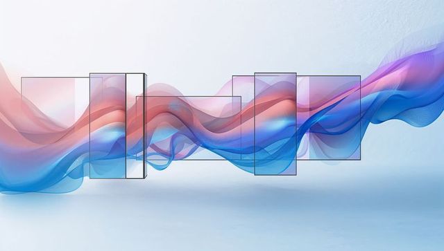 Translucent fluid ribbons weaving through floating glass panels with colorful waves