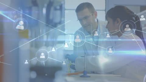 Scientists Collaborating in Lab with Technology Overlay