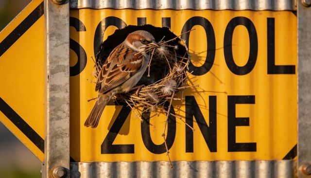 Sparrow building nest on school zone sign carrying twigs and feathers in urban area