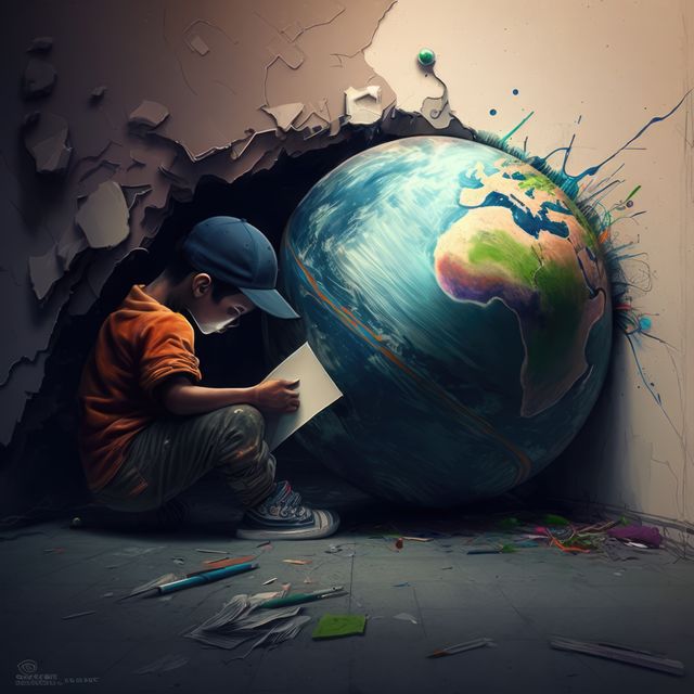 Boy in casual clothes sitting alone and drawing on a paper in a corner. Large vibrant Earth globe represents imagination and creativity. Broken wall background adds a unique and thought-provoking contrast. Suitable for educational content, creativity-focused campaigns, children's learning materials, and imaginative storytelling projects.