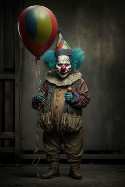 Scary clown holding balloon in blue wig, created using generative ai technology. Evil clown and scare concept digitally generated image.